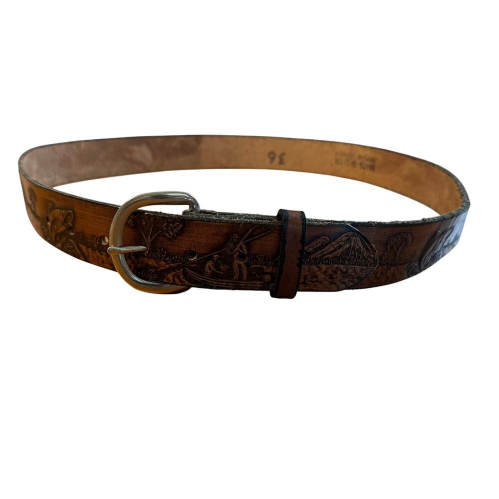 Mens Size 36 Tooled Brown Leather Belt CHRIS Fly Fishing Mountains Silver Buckle